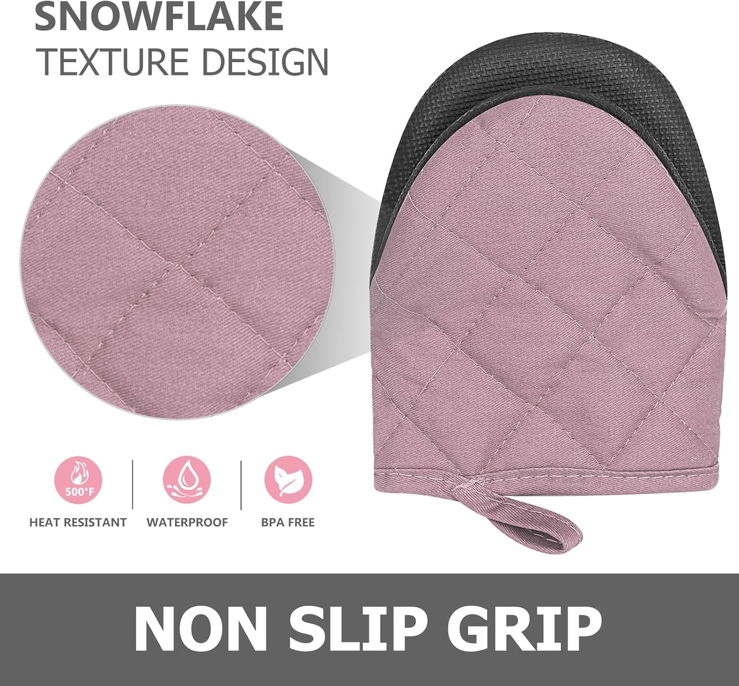 1 Pair Short Oven Mitts - Silicone Kitchen Oven Gloves High Heat Resistant 500℉, Mini Oven Mits with Non-Slip Grip Surfaces and Hanging Loop for BBQ, Baking, Cooking and Grilling (Pink)