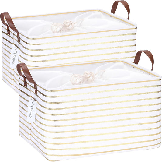 Hinwo 31L Large Storage Bins, 2-Pack Closet Organizers and Storage, Foldable Clothes Storage Baskets with Handles, Containers for Clothing, Blanket, Towels, Toys, Bedding (Gold Stripe)