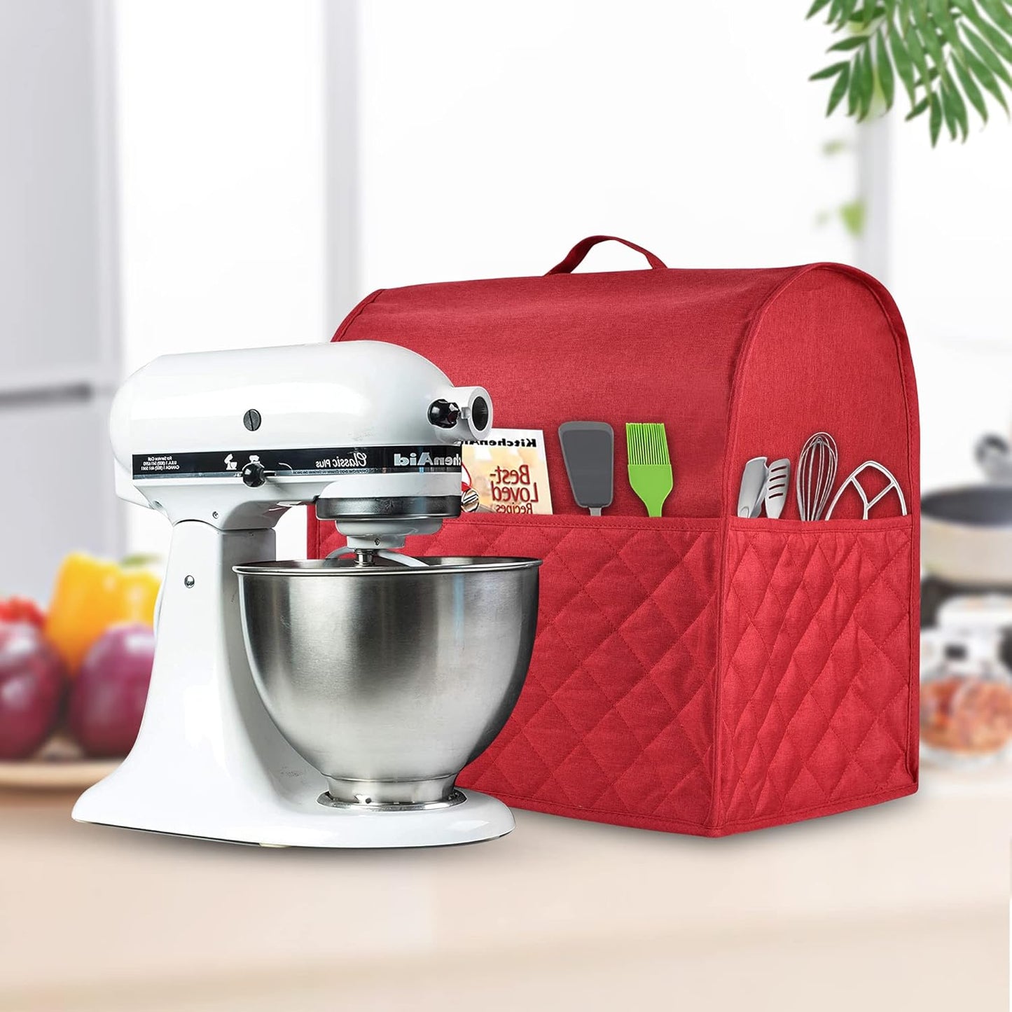 Stand Mixer Dust-proof Cover for KitchenAid Mixer，Multi Pockets for Various Kitchen Appliance Accessories，Water-resistant，Easy Cleaning (Red, Fit for Tilt Head 4.5-5 Quart)