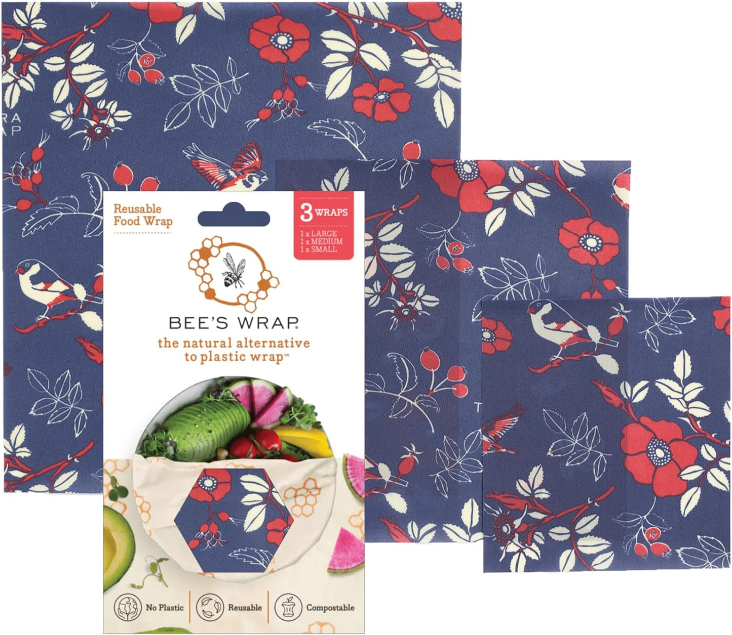 Bee's Wrap Beeswax Wraps for Food - Made in USA Reusable & Organic Food Wraps, Sandwich Wrap & Bowl Covers - Eco-Friendly Alternative to Aluminum Foil & Plastic Wrap, Botanical 3 Pack (S, M, L)