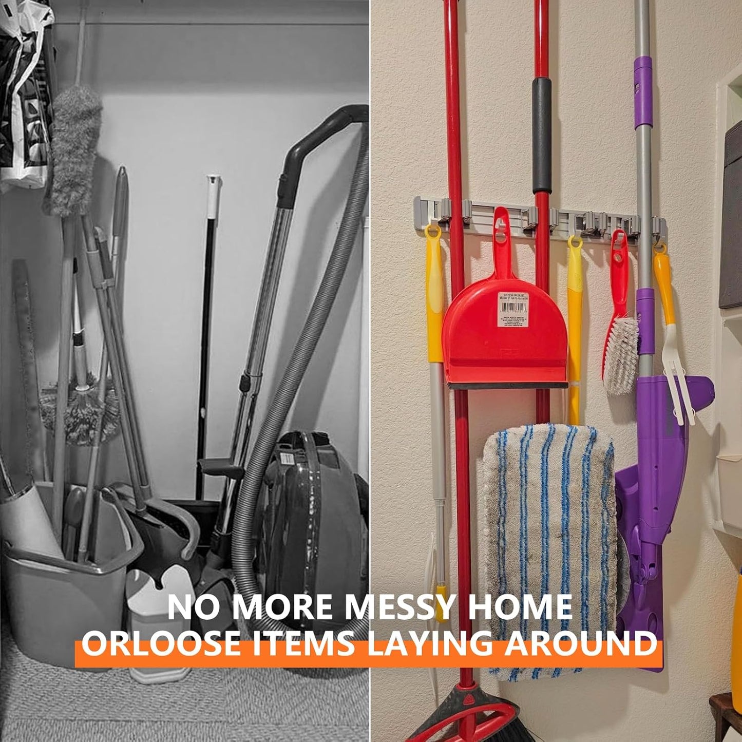 reliahom Broom Holder Wall Mount Mop and Broom Hanger Wall Mounted Garage Storage Rack Kitchen Garden Tool Organizer (4 Racks with 5 Hooks, Silver)