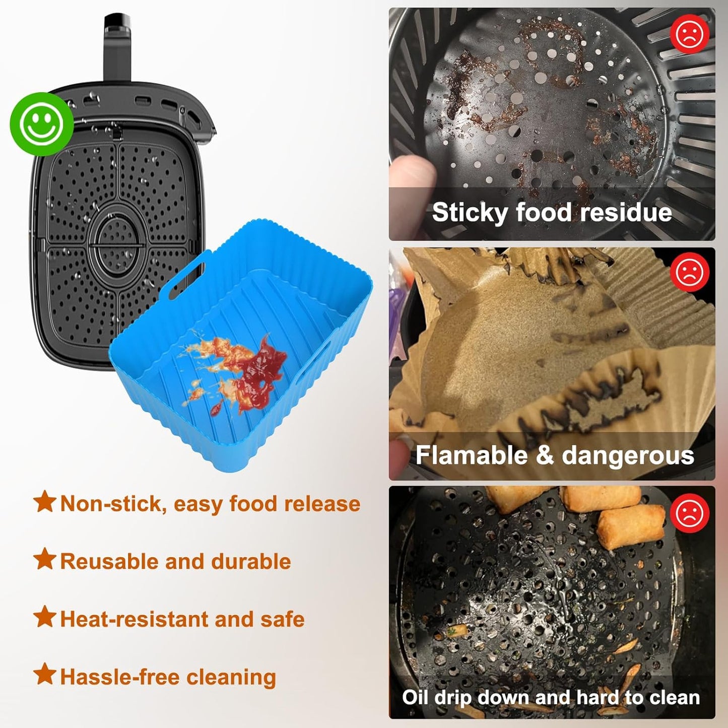 Silicone Air Fryer Liners Rectangle 2 Pack 8.0 Inch Airfryer Liners 8-10 QT Dual Air Fryer Liners Reusable Pot Oven Liner Baking Tray, Air Fryer Basket Silicone Mat Bowl Air Fryer Accessories Kitchen