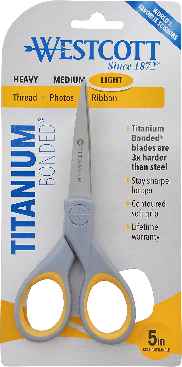 Westcott 13525 5-Inch Pointed Titanium-Bonded Crafting Scissors with Soft Handles, Gray/Yellow