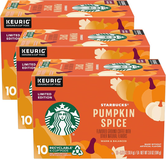 Starbucks Pumpkin Spice Coffee K-Cup Pods, Limited Edition, Made without Artificial Flavors, Keurig Genuine K-Cup Pods, 10 CT K-Cups Per Box (Pack of 3 Boxes)