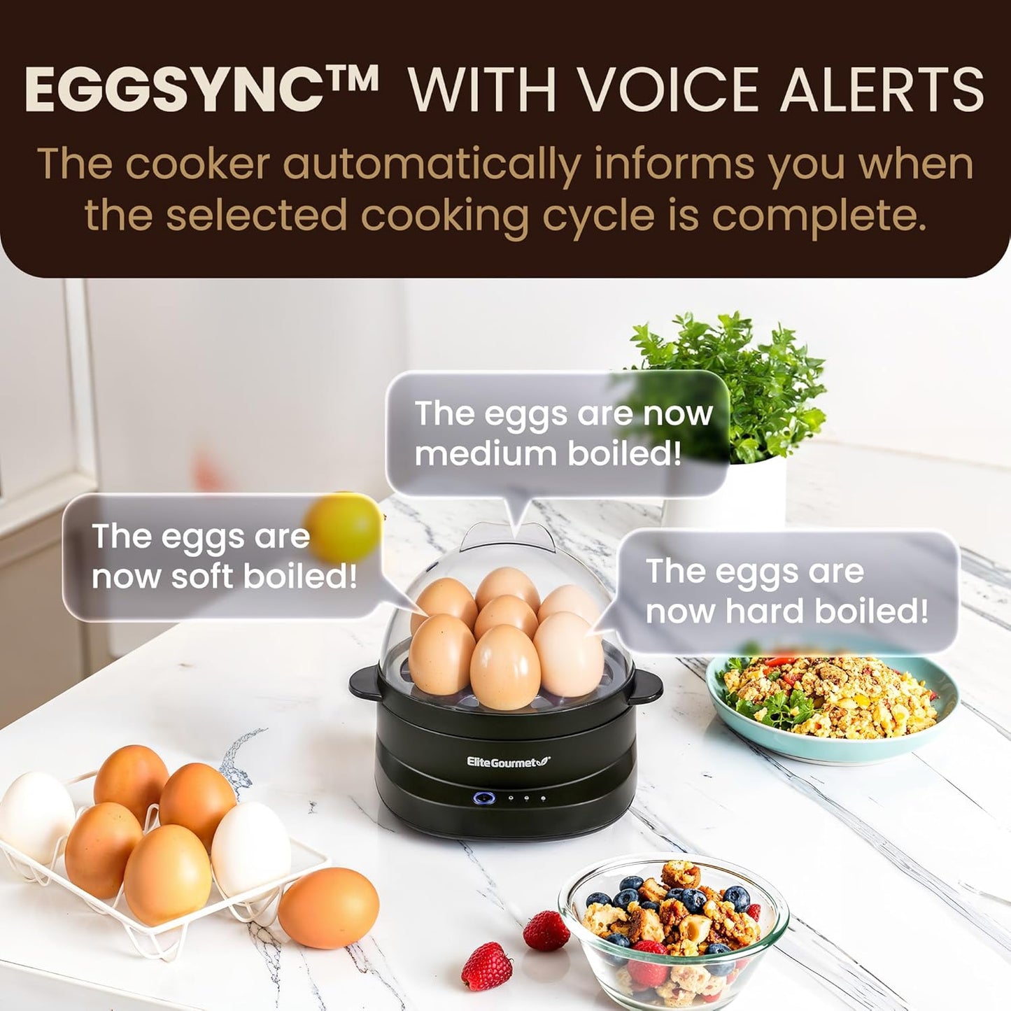 Elite Gourmet EGC587 EGGSYNC™ Voice Alerts Easy Egg Cooker, 7-Egg Capacity, Soft, Medium, Hard-Boiled Settings, Measuring Cup with Piercing Pin, Auto Shut-Off, BPA-Free