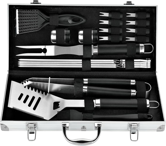 ROMANTICIST 20pcs Heavy Duty BBQ Grill Tool Set in Case - The Very Best Grill Gift for Father's Day and Christmas - Professional BBQ Accessories Set for Outdoor Cooking Camping Grilling Smoking, Black