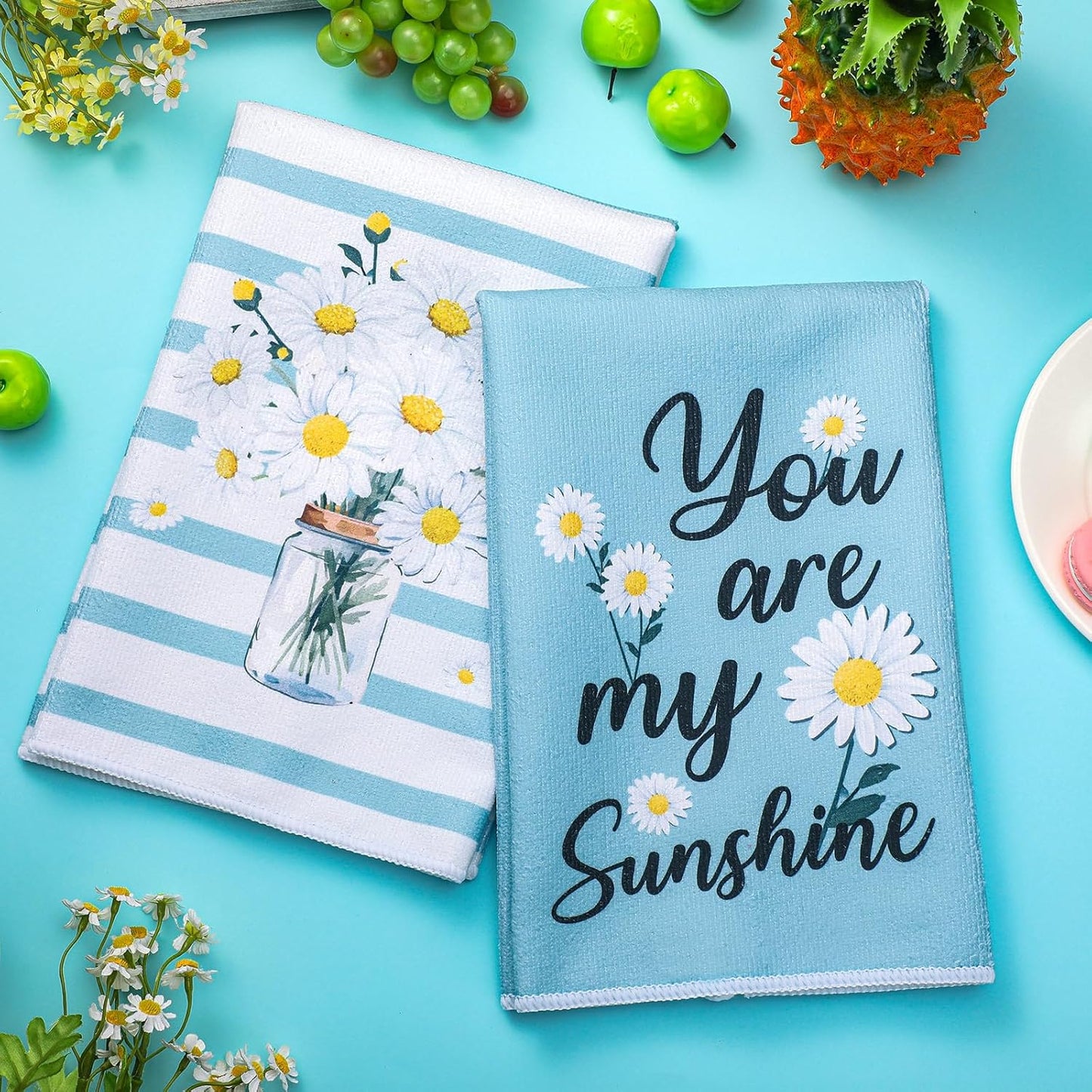 Boyiee Set of 6 Daisy Flower Kitchen Towels Daisy Stripes Tea Towels Floral Absorbent Dishtowels 24 x 16 Inches Housewarming Gifts Blue Hand Wash Cloth for Farmhouse Kitchen Bathroom Decorations