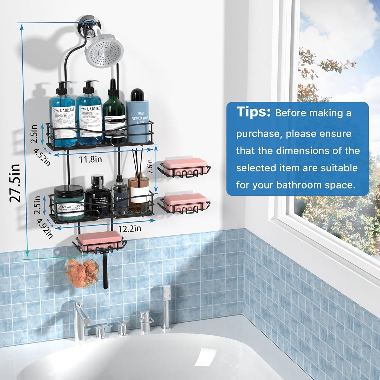 Shower Caddy Hanging - 3 Soap Holders, Rustproof Shower Head Organizer Stainless Steel, Bathroom Organizers and Storage With Hooks & Razor Holder, Black