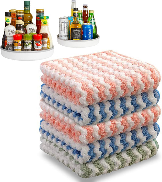 JOYMOOP Microfiber Cleaning Cloth, 5 PCS Kitchen Towels(10" x 10"), Absorbent Streak Free Lint Cleaning Cloths, Reusable and Washable Dish Rags with 12" and 10" Lazy Susan Organizer