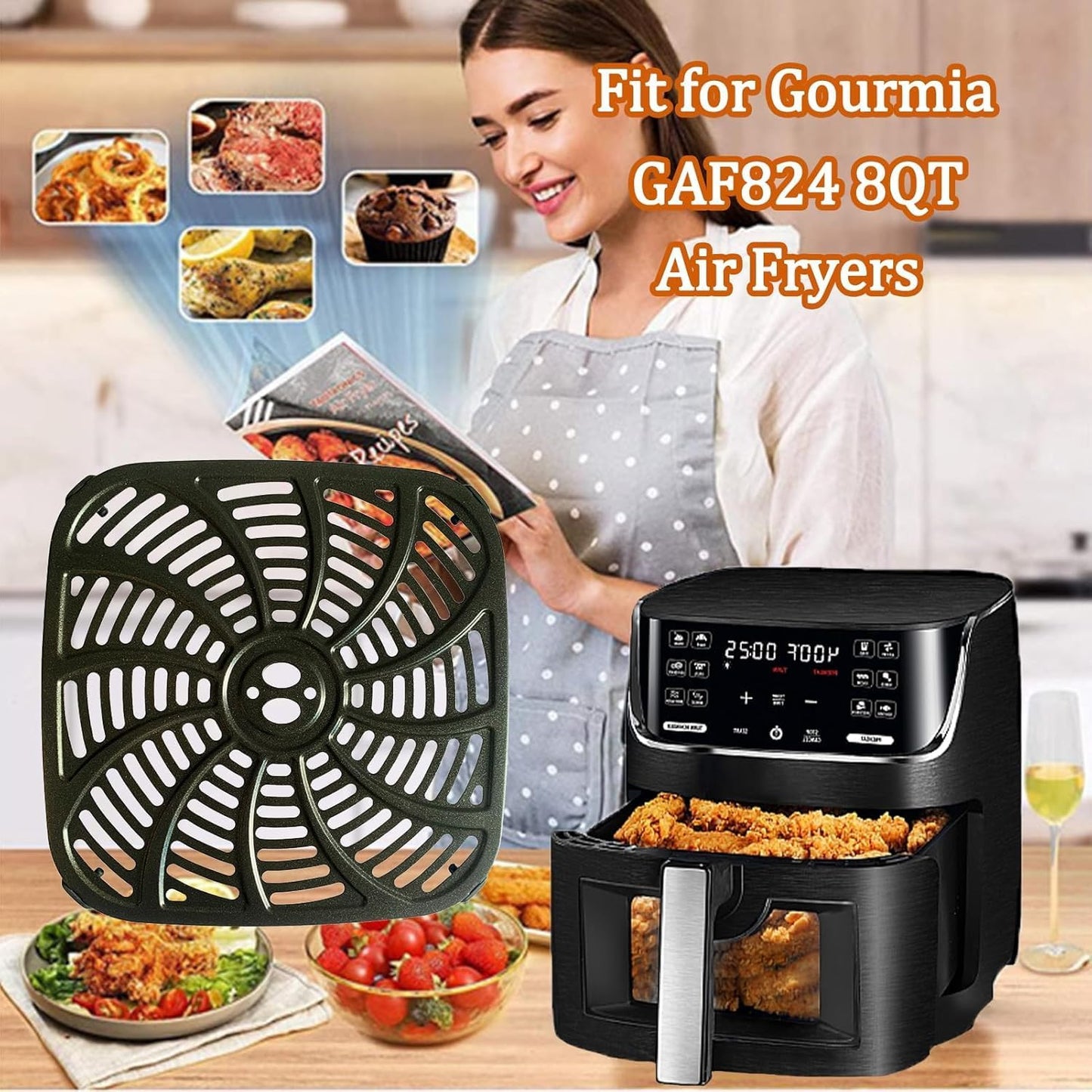 8QT Square Air Fryer Tray for Gourmia GAF824 Air Fryers, Upgraded Double Layer Nonstick Coating Air Fryer Grill Pan Crisper Plate Rack Grate Shelf for 8QT Gourmia Air Fryer, Dishwasher Safe