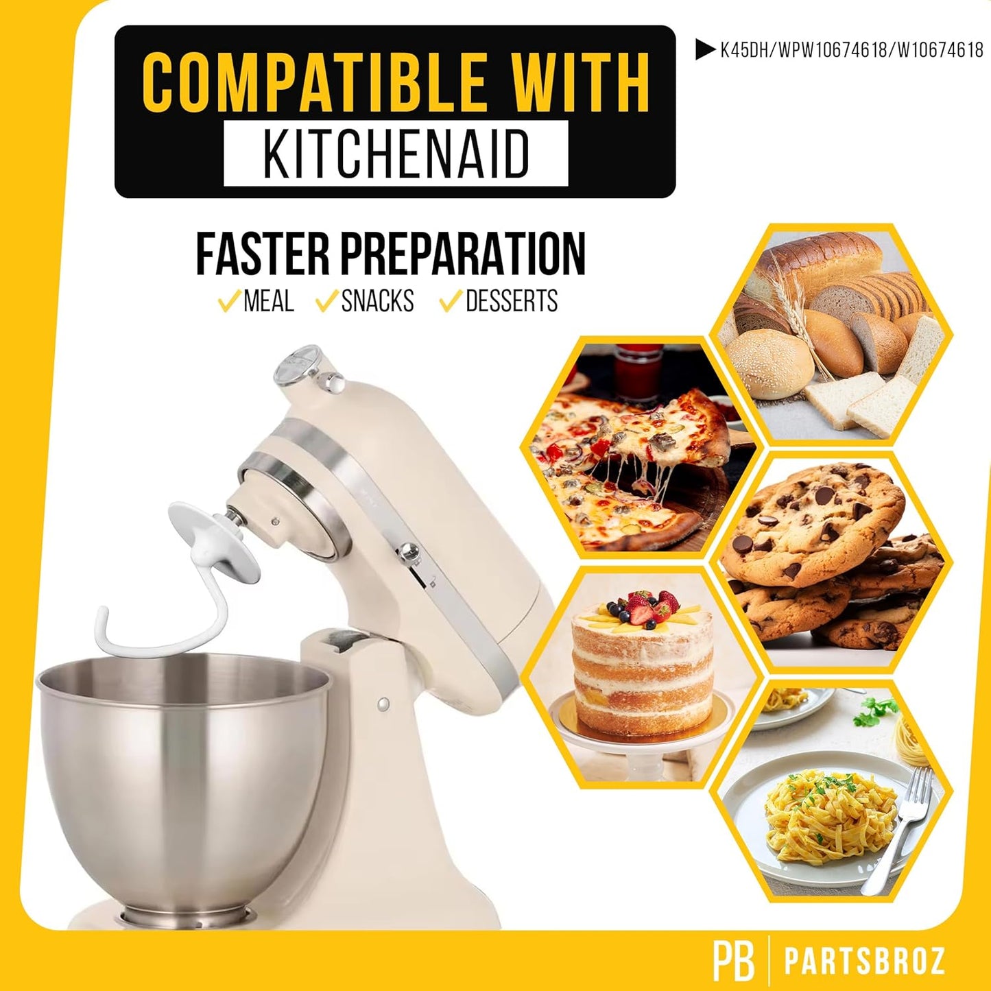 PartsBroz Kitchen Aid Dough Hook Attachment for Stand Mixer 4.5 Qt, 5 Qt for KitchenAid Dough Hook Attachment K45DH for Artisan Bread Kneading Model K45 KSM150 K45SS KSM95 KSM96 KSM90 KSM150PS K45SSWH