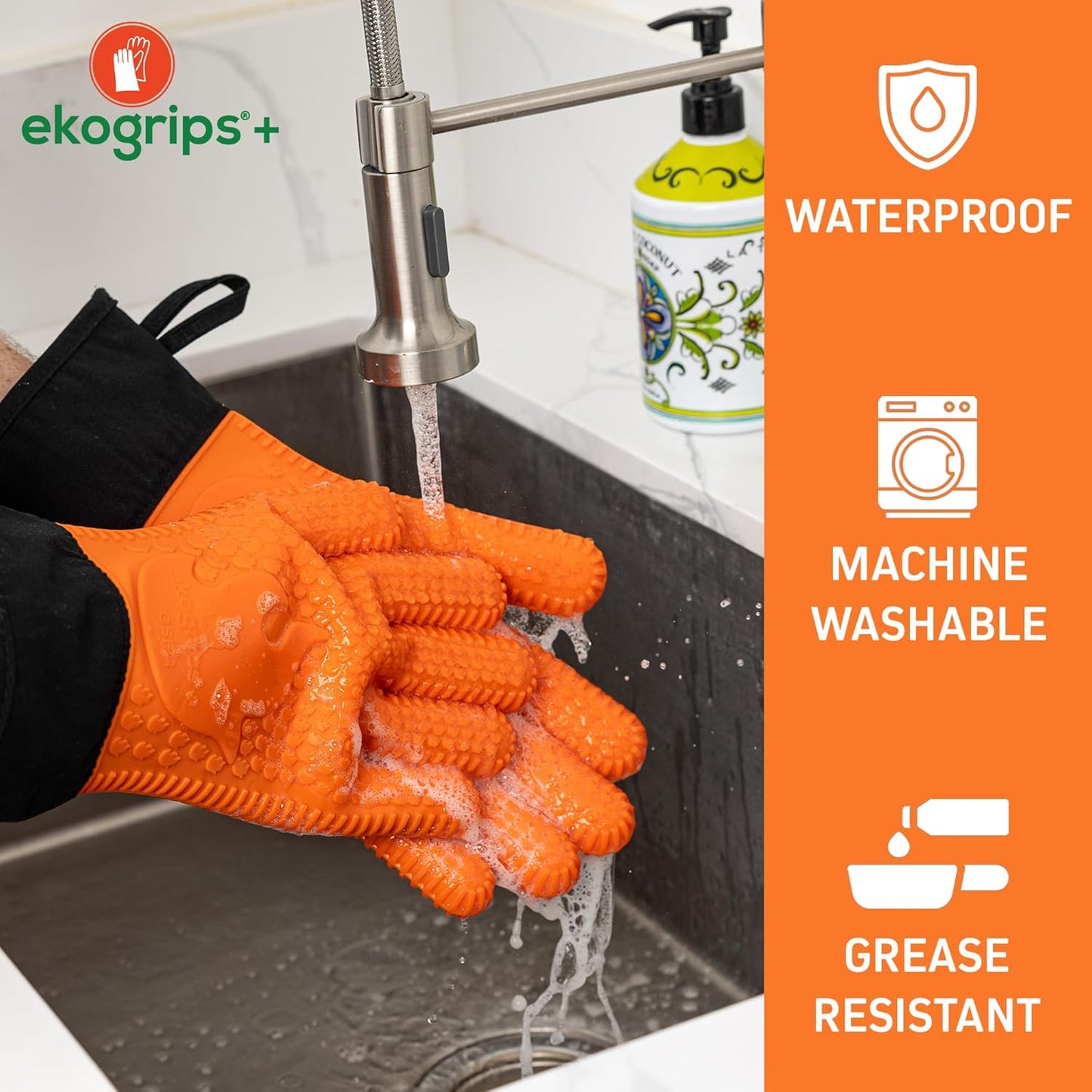 Ekogrips+ Premium Silicone Oven Mitts - Comfy, Waterproof, Heat Resistant BBQ Gloves for Grilling, Long Cuff for Added Protection, 5 Finger Dexterity, 3 Sizes, 4 Colors, S/M, Black