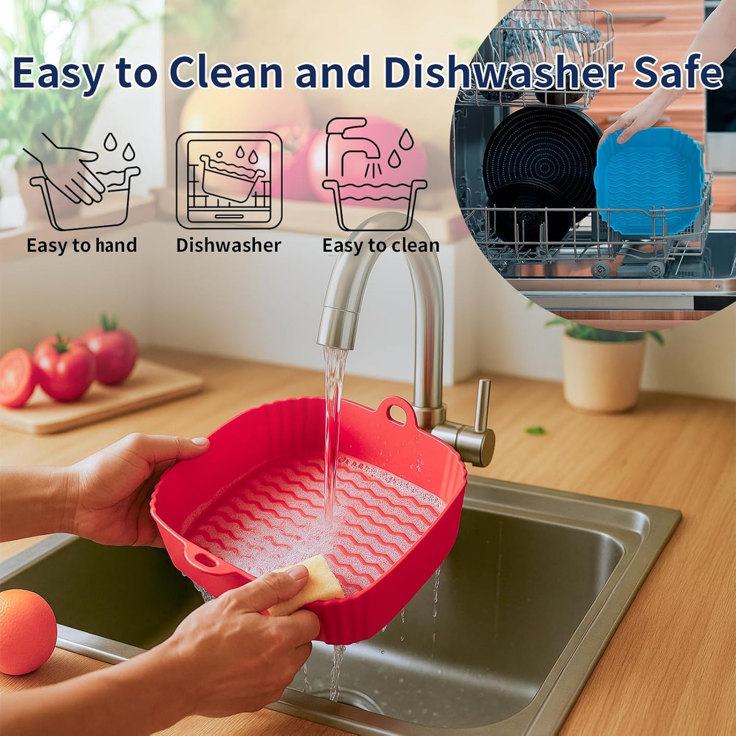 9 Inch Large Air Fryer Silicone Liners - 2 PCS Square Reusable AirFryer Basket Liners for 5-8QT Air fryer, Air fryer Accessories for Baking Roasting Microwave (Red + Blue)