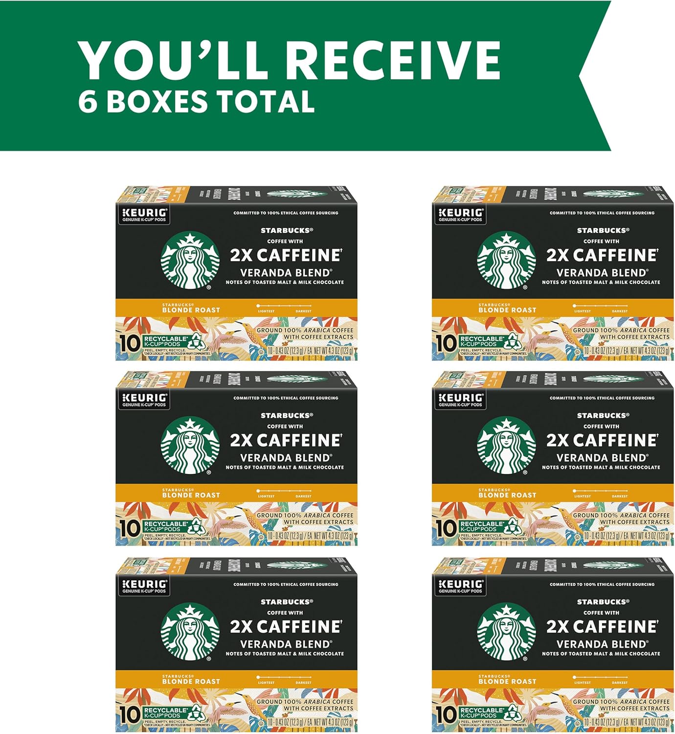 Starbucks K-Cup Coffee Pods, Starbucks Blonde Roast Coffee With 2X Caffeine Veranda Blend For Keurig Brewers, 100% Arabica, 6 Boxes (60 Pods Total)