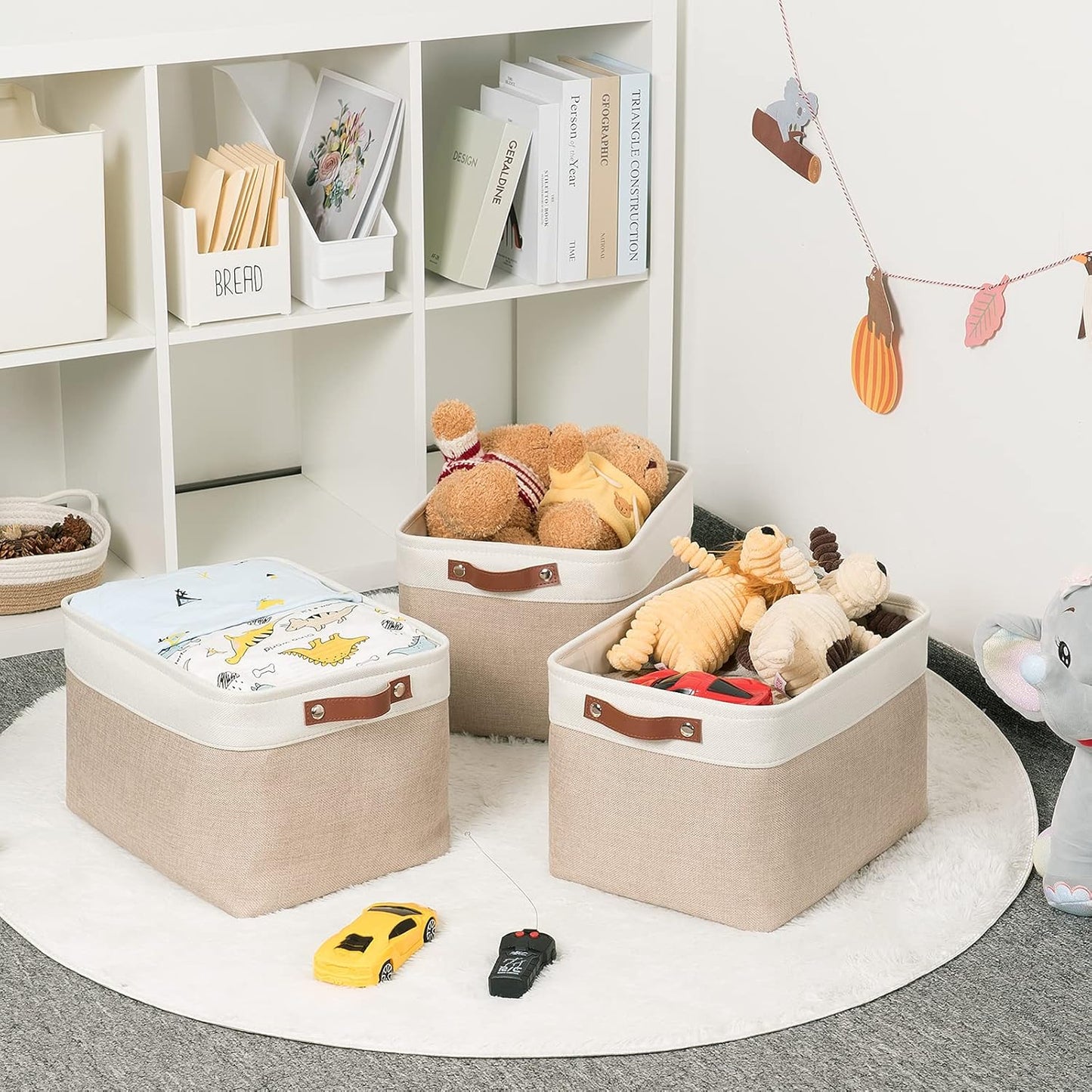 HNZIGE Fabric Storage Baskets for Shelves, Large Collapsible Storage Baskets for Organizing, Decorative Baskets Bins Set with Handles for Closet, Clothes,Home (3 Pack, White&Khaki,15" x 11" x 9.5")