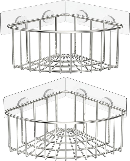 SMARTAKE 2-Pack Corner Shower Caddy Deep Basket Design, SUS304 Stainless Steel, Wall Mounted Bathroom Shelf with Adhesive, Storage Organizer for Toilet, Dorm and Kitchen (Silver)