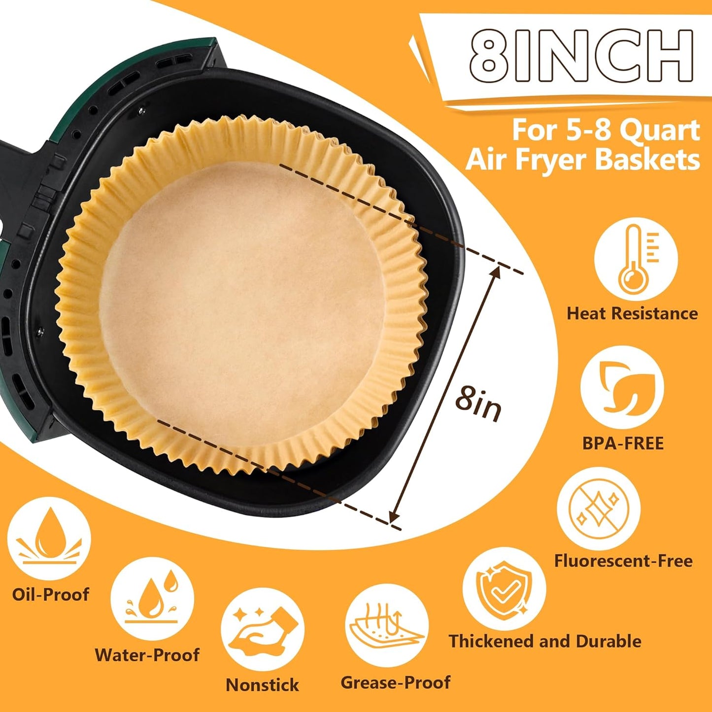 Air Fryer Liners Disposable, 100PCS 8 Inch Non-stick Air Fryer Parchment Paper Liners, Round Free of Bleach Airfryer Liners for 5-8QT Air fryer, Baking, Roasting Microwave