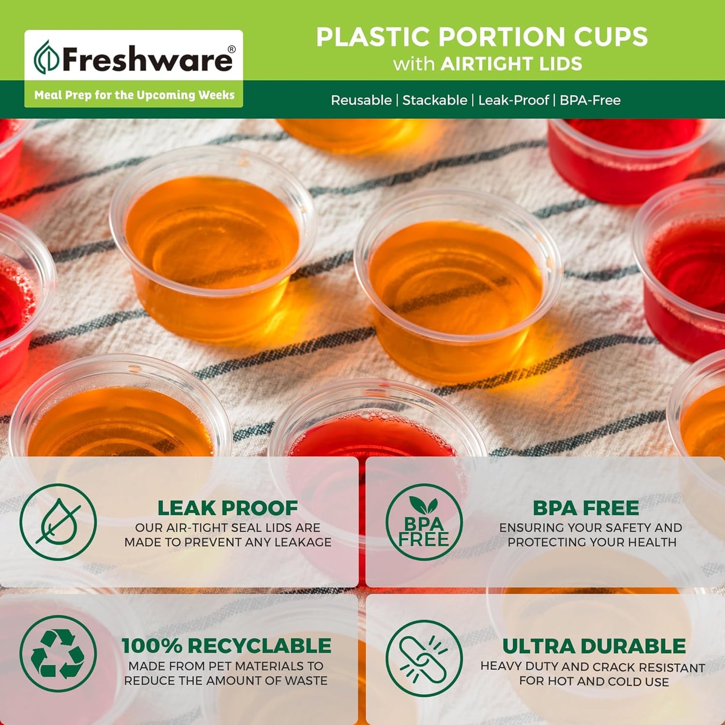 Freshware Plastic Portion Cups with Lids [5.5 Ounce, 200 Sets] Souffle Cups, Jello Shot Cups, Condiment Sauce Containers For Sampling, Sauce, Snack or Dressing