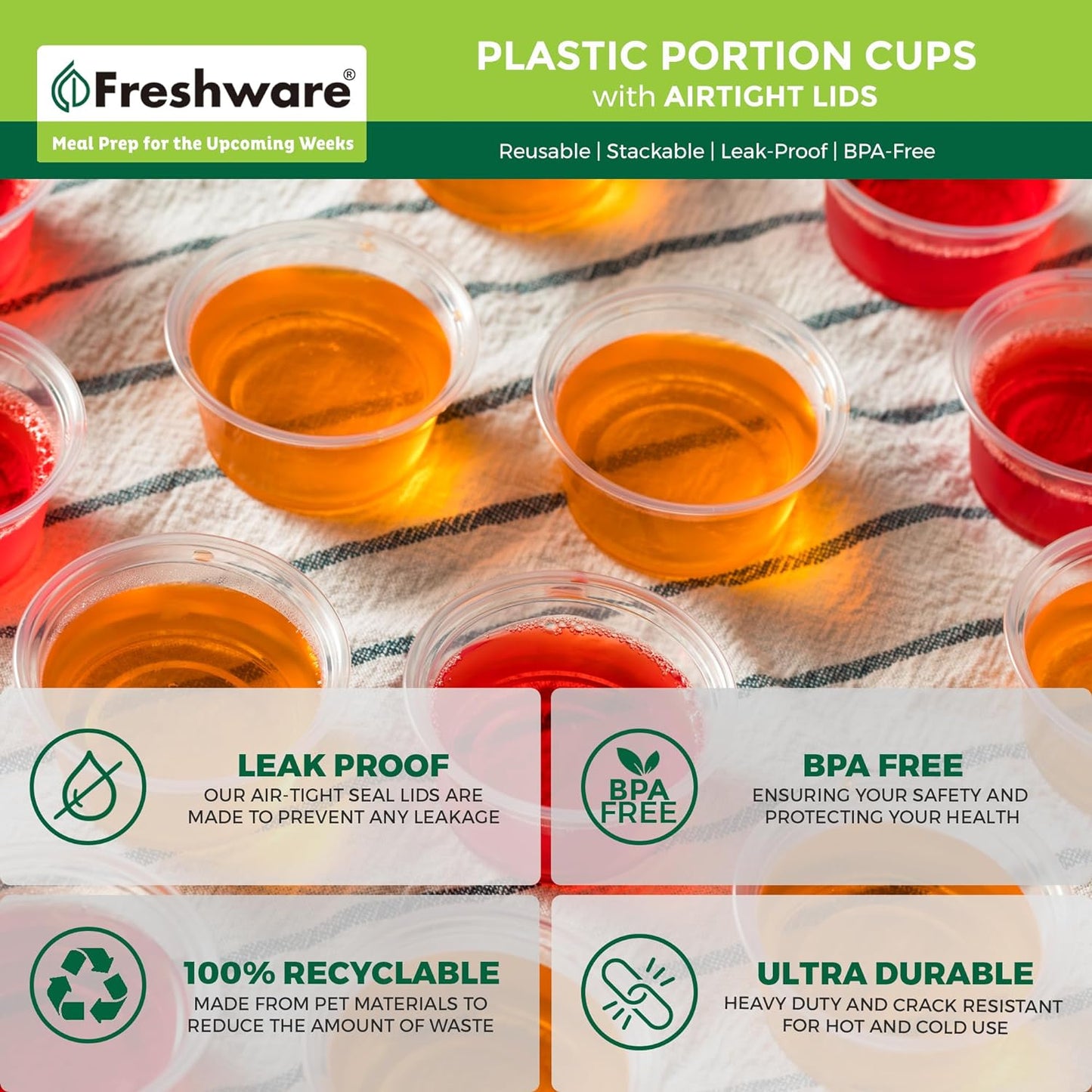 Freshware Plastic Portion Cups with Lids [3.25 Ounce, 200 Sets] Disposable Plastic Cups for Meal Prep, Salad Dressing, Jellos Shot Cups, Souffle Cups, Condiment and Dipping Sauce Cups