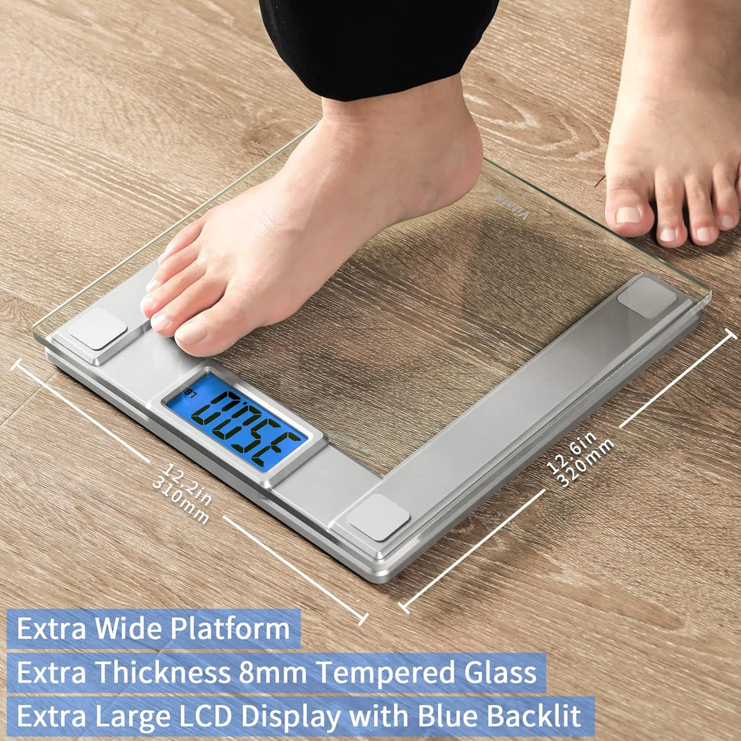 Vitafit 550lb Digital Bathroom Scale for Body Weight and BMI Via Smart APP, High Accuracy Assured by Weighing Professional Since 2001, 8mm Tempered Glass, Extra Large Blue Backlit LCD, Silver