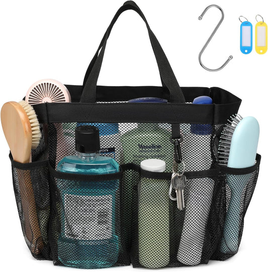 F-color Mesh Shower Caddy Portable with 2 Pack Name Tags, Upgrade Deeper 7 Pockets Shower Bag Tote for College Dorm Room Toiletry Bathroom Essentials Gym Camp Quick Dry 2 handles with S Hook, Black