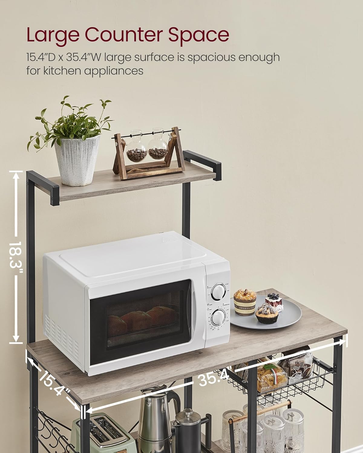 VASAGLE Baker's Rack, Microwave Stand, Kitchen Storage Rack with Wire Basket, 6 Hooks, and Shelves, for Spices, Pots, and Pans, Heather Greige and Ink Black UKKS035B02