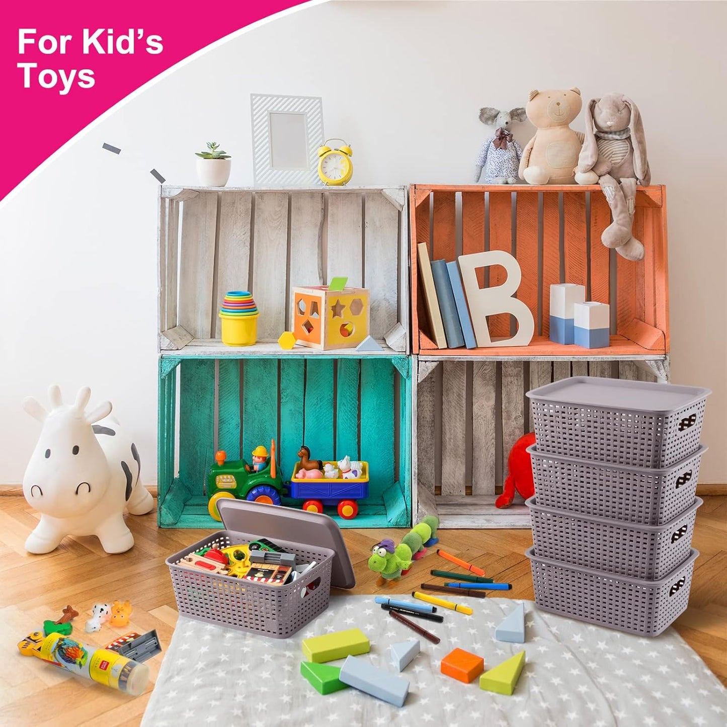 AREYZIN Lidded Storage Bins Plastic Storage Baskets With Lid Organizing Container Knit Storage Organizer Bins for Shelves Drawers Desktop Playroom Classroom Office, 6 Pack,Purple