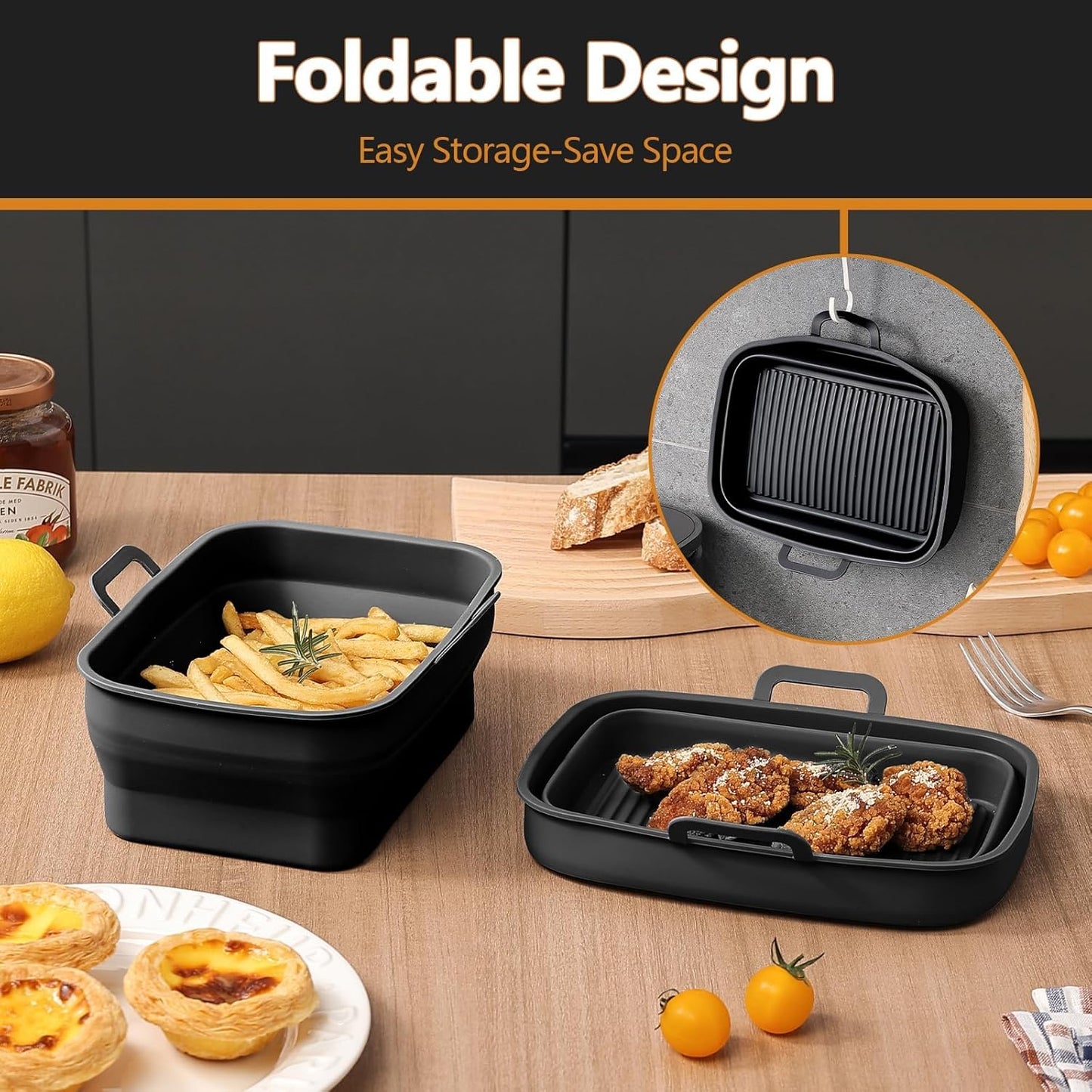 Collapsible 2-Pack Air Fryer Silicone Liners for 10QT NINJA Foodi Dual, Rectangular Air Fryer Silicone Pot, Reusable Silicone Air Fryer Basket for Air Fryer Accessories(Black)