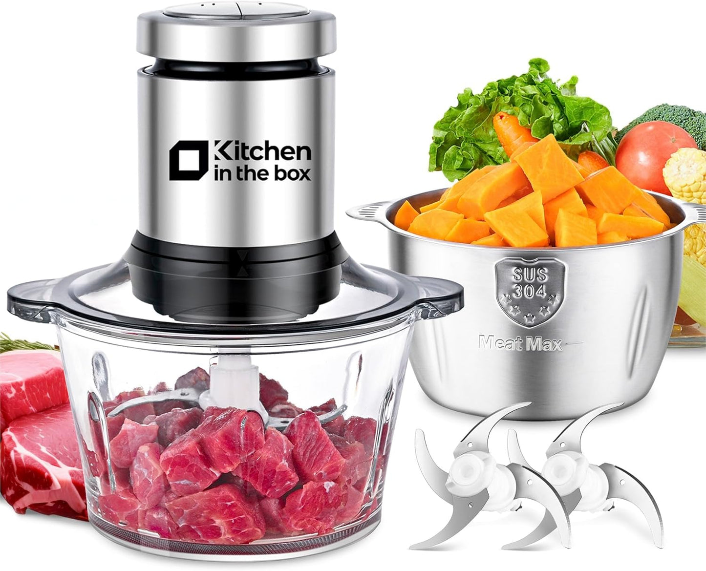 Kitchen in the box Food Processor, Electric Meat Grinder & Food Chopper with 400W Powerful Veggie Chopper-2 Bowls（8 Cup+8 Cup） & 2 Bi-Level Blades for Meat/Fish/Vegetable/Baby Food（Sliver Button）