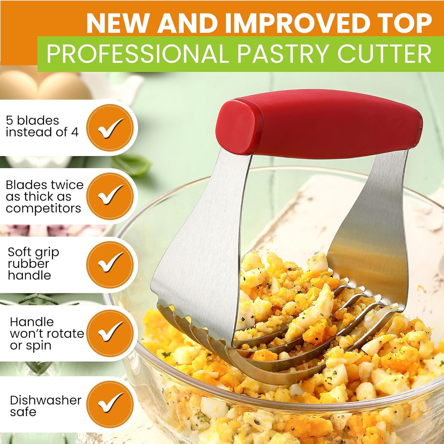 Spring Chef Red XL Size Dough Blender Tool For Baking, Heavy Duty Pastry Blender Tool for Easy Mixing, Stainless Steel Pastry Cutter with Sharp Blades, Dishwasher Safe Dough Mixer