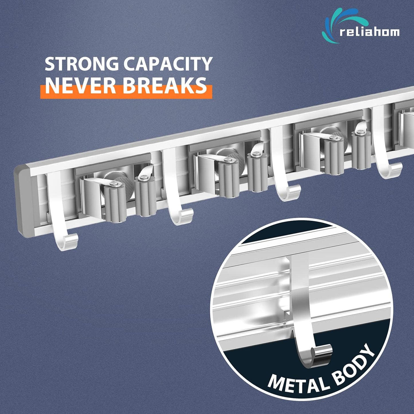 reliahom Broom Holder Wall Mount Mop and Broom Hanger Wall Mounted Garage Storage Rack Kitchen Garden Tool Organizer (4 Racks with 5 Hooks, Silver)