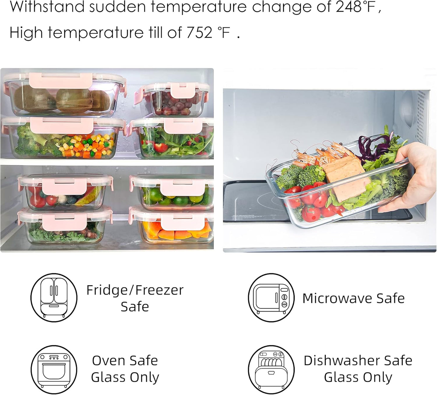 10 Pack Glass Food Storage Containers, Glass Meal Prep Containers with Lids Leak Proof, Microwave & Freezer Safe (34oz & 12oz)