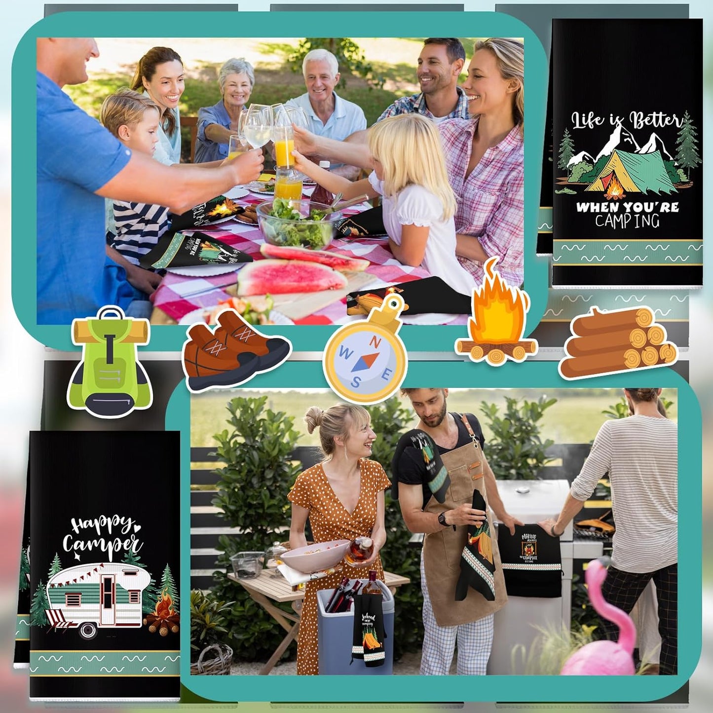 Boyiee 6 Pcs Camping Kitchen Towels Black Absorbent Dish Towels Bonfire Tent Car Tea Towels 24 x 16 Inches with Funny Sayings Novelty Gifts for Campers Happy Camper Camping Accessories for RV Campers