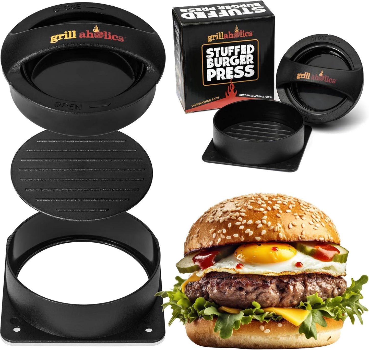 Grillaholics Stuffed Burger Press and Recipe eBook - Extended Warranty - Burger Stuffer & Hamburger Patty Maker - The Perfect Grilling Gift & Stocking Stuffer