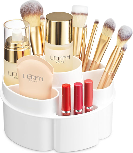 Masirs Small Rotating Makeup Organizer - Mini Yet Spacious Cosmetic Storage Solution with Multiple Compartments - The Perfect Spinning Make-Up Caddy for Vanity or Bathroom Counter (Round - White)