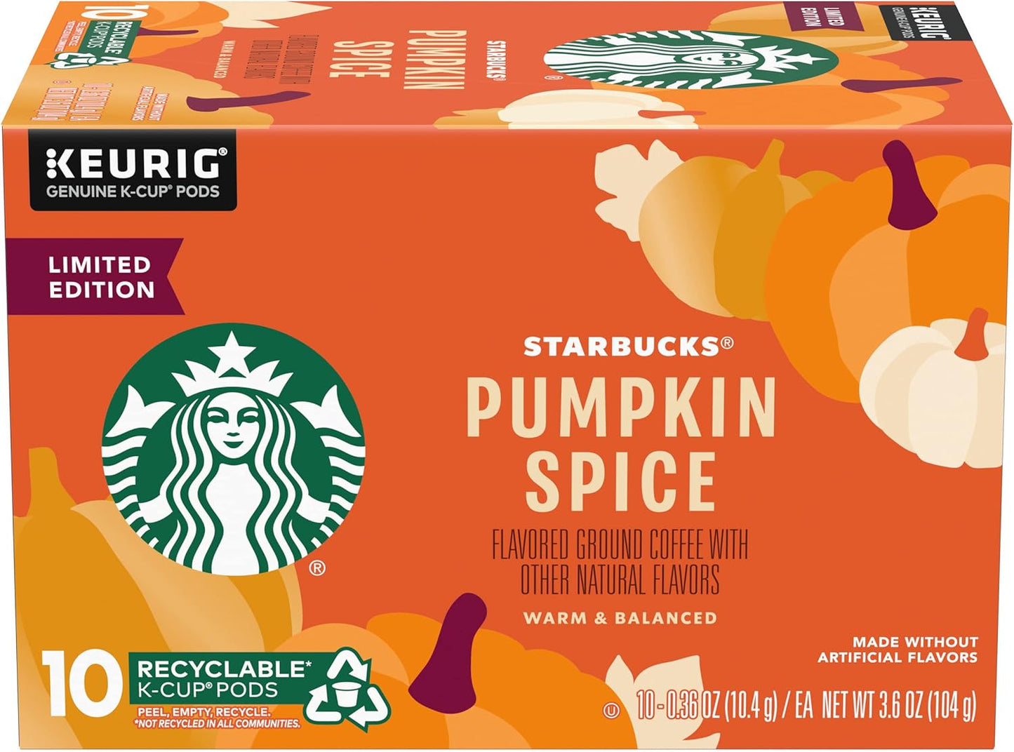 Starbucks Pumpkin Spice Coffee K-Cup Pods, Limited Edition, Made without Artificial Flavors, Keurig Genuine K-Cup Pods, 10 CT K-Cups Per Box (Pack of 3 Boxes)