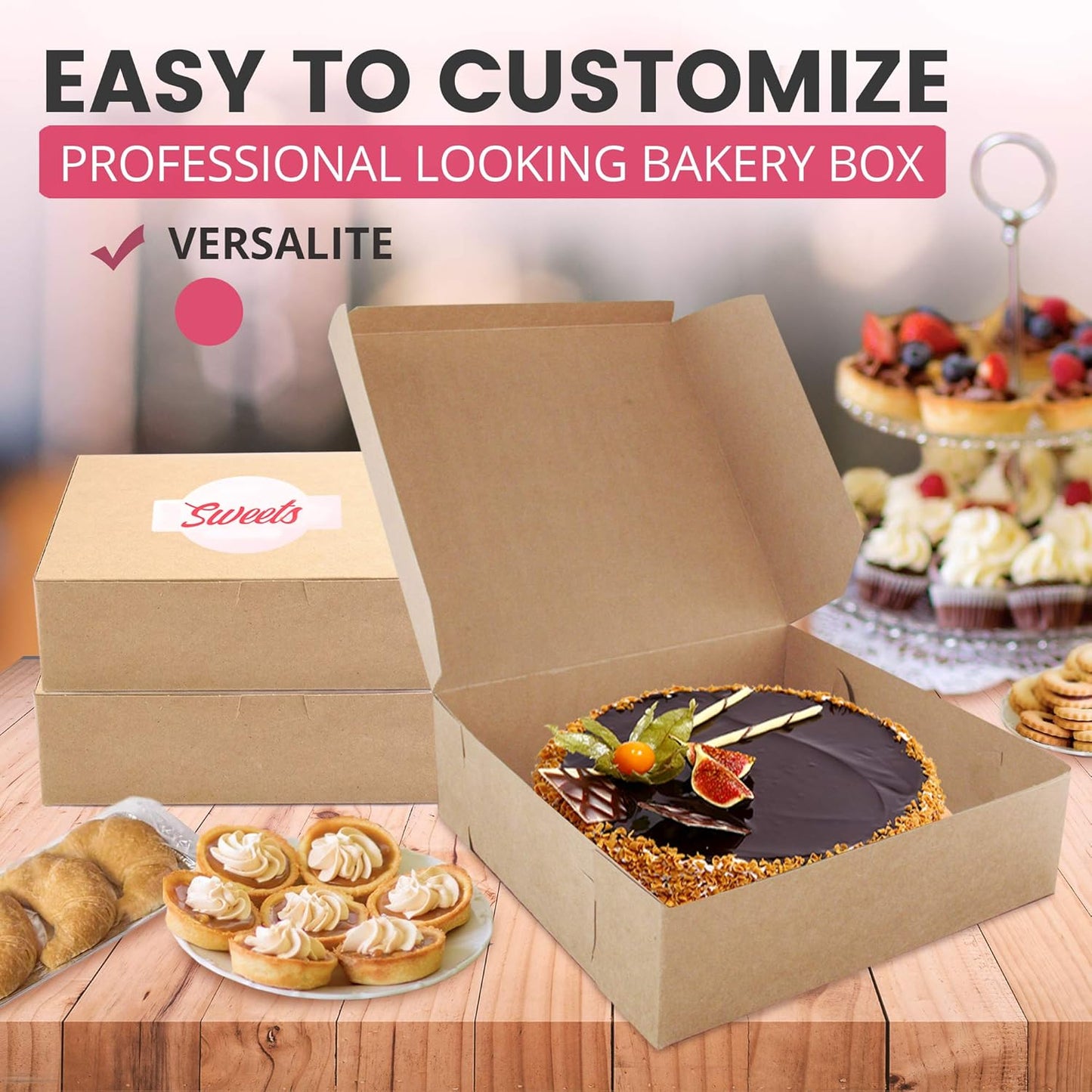 Fit Meal Prep [250 Pack] Kraft Bakery/Pie Box 8 x 8 x 3 Inch - Brown Paper Cardboard Gift Packaging, Top Lids, Corner Lock, for Cupcake, Cookies and Pastry, Restaurant, Shipping Containers and Personalized Favors, Kraft Brown