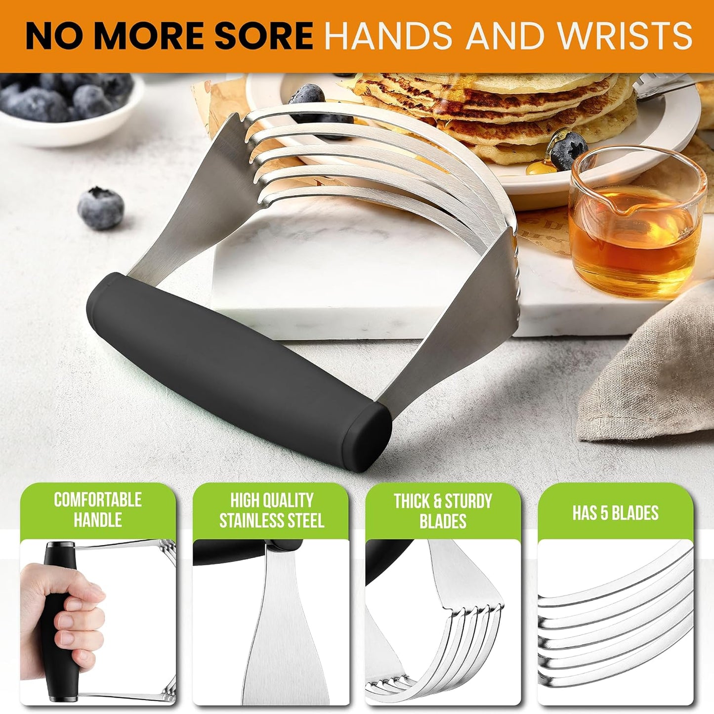 Spring Chef Dough Blender For Baking, Heavy Duty Dough Cutter Tool, Stainless Steel Pastry Cutter Tool with Sharp & Sturdy Blades, Pastry Blender for Easy Mixing, Dishwasher Safe - XL Size - Black