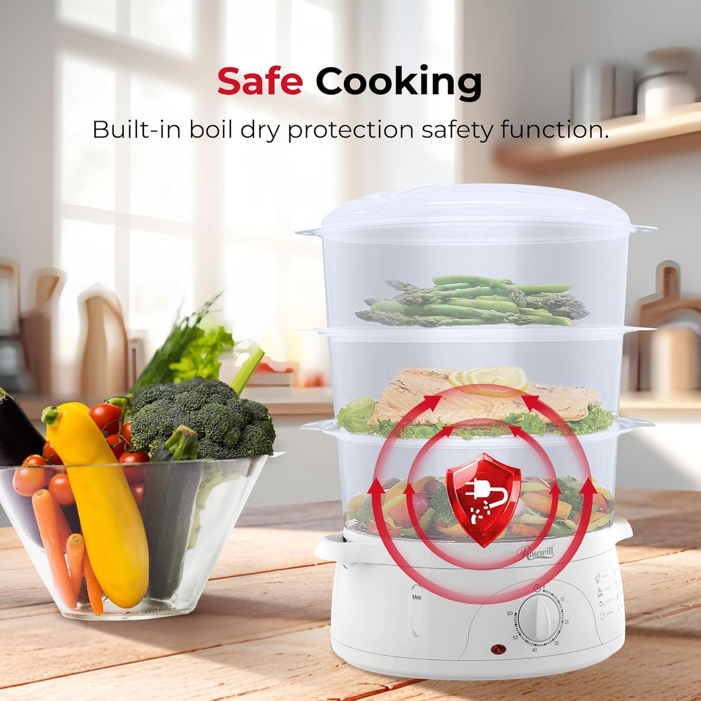 Rosewill Electric Food Steamer with 3 Tiers BPA-Free Stackable, Dishwasher Safe Baskets, 800W with fast steam heating within 40s, Auto shut-off and 60-min timer, 9.5 Quarts Capacity - White