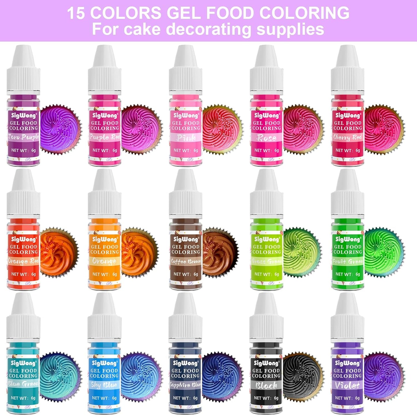 Gel Food Coloring - 15 Colors Flavorless Gel Based Food Color Dye, Vibrant Edible Concentrated Food Coloring for Cake Cookie Decorating, Easter Egg, Icing, Fondant, Christmas Baking, Macaron (6g/Bottle) - Vegan