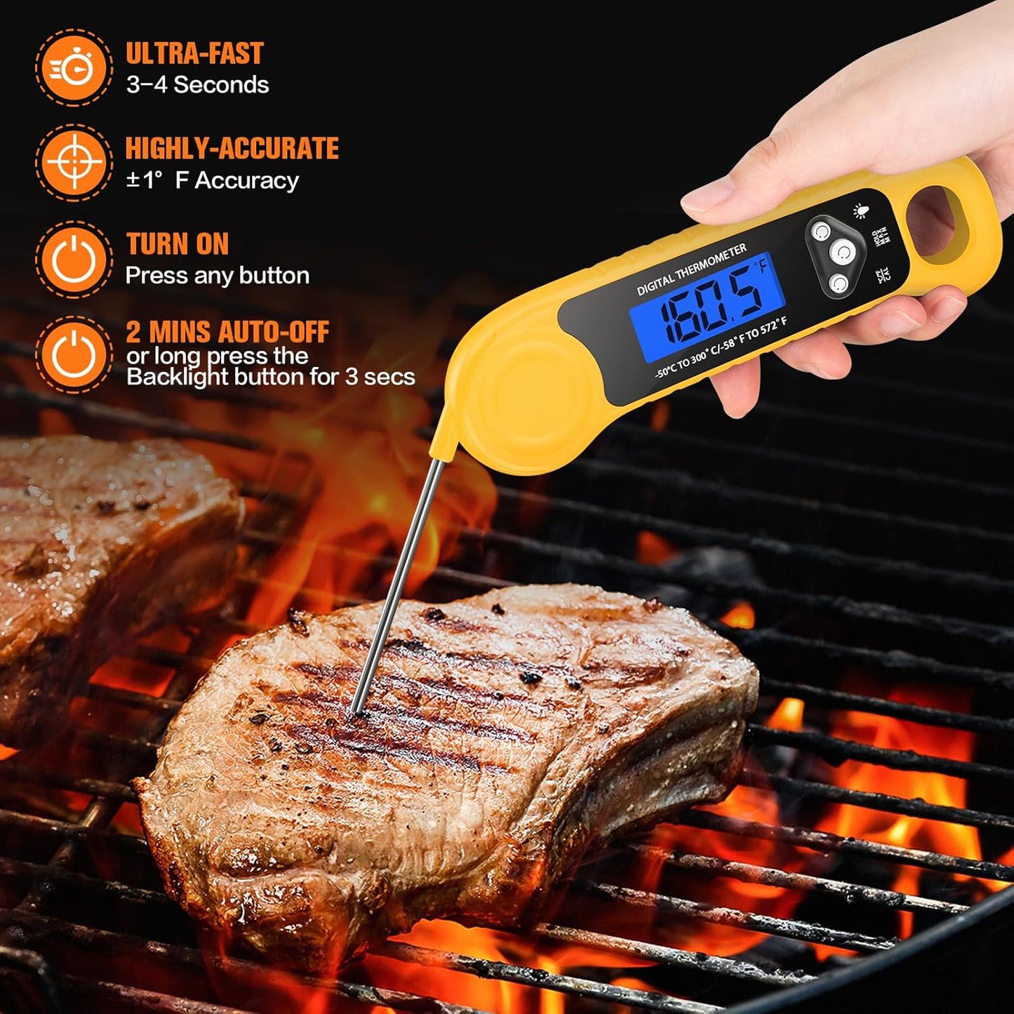 Meat Thermometer Digital, Instant Read Food Thermometer Waterproof with Backlight for Cooking, Deep Fry, BBQ, Grill, Smoker and Roast,Outdoor Fryer Accessories(Yellow)