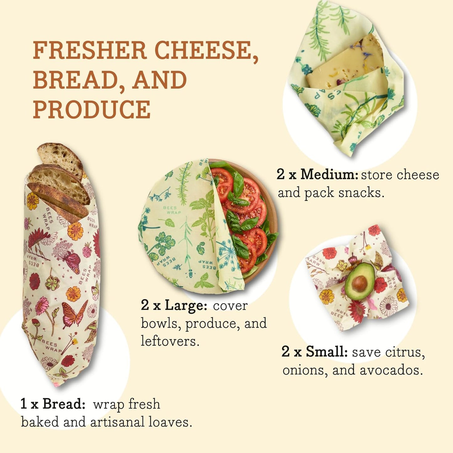 Bee's Wrap Beeswax Wraps for Food - Made in USA Reusable & Organic Food Wraps & Bowl Covers - Eco-Friendly Alternative to Aluminum Foil & Plastic Wrap, Assorted 7 Pack Vegan (2S, 2M, 2L, & 1 Bread)