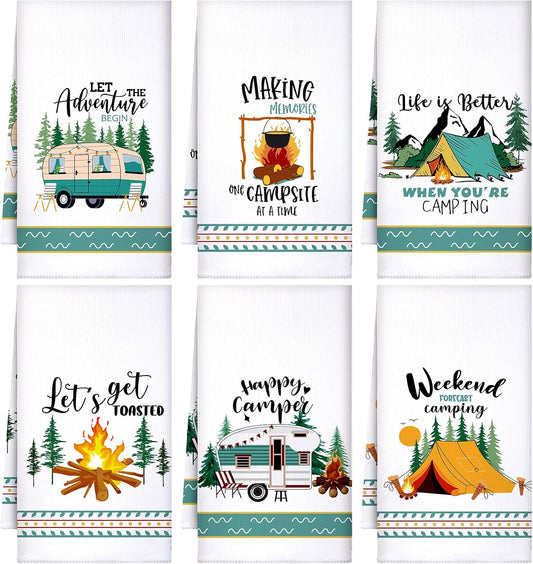 Set of 6 Camping Kitchen Towels White Absorbent Dishcloth Bonfire Tent Car Tea Towels 24 x 16 Inches with Funny Sayings Novelty Gifts for Campers Happy Camper Camping Accessories for Rv Campers