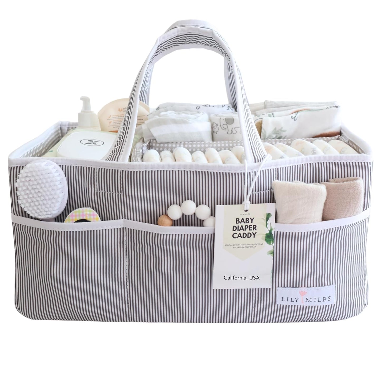 Lily Miles Baby Diaper Caddy Organizer, Baby Shower Basket for Newborn Boys or Girls, Nursery Must Haves for New Mom, Registry Favorites, Large Storage Tote for Changing Table or Car, Gray
