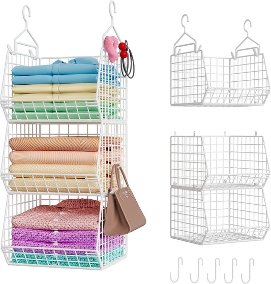 X-cosrack 3 Tier Foldable Closet Organizer, Clothes Shelves with 5 S Hooks, Wall Mount&Cabinet Wire Storage Basket Bins, for Clothing Sweaters Shoes Handbags Clutches Accessories-White Patent Design
