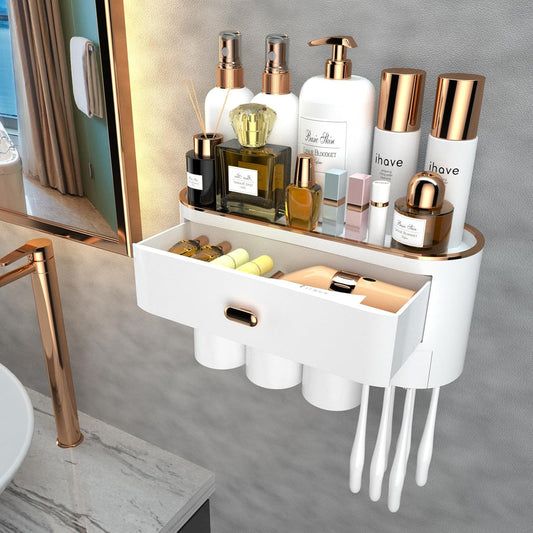 iHave Toothbrush Holders for Bathrooms - Upgrade Wall Mounted Toothbrush Holder with Toothpaste Dispenser - 3 Cups