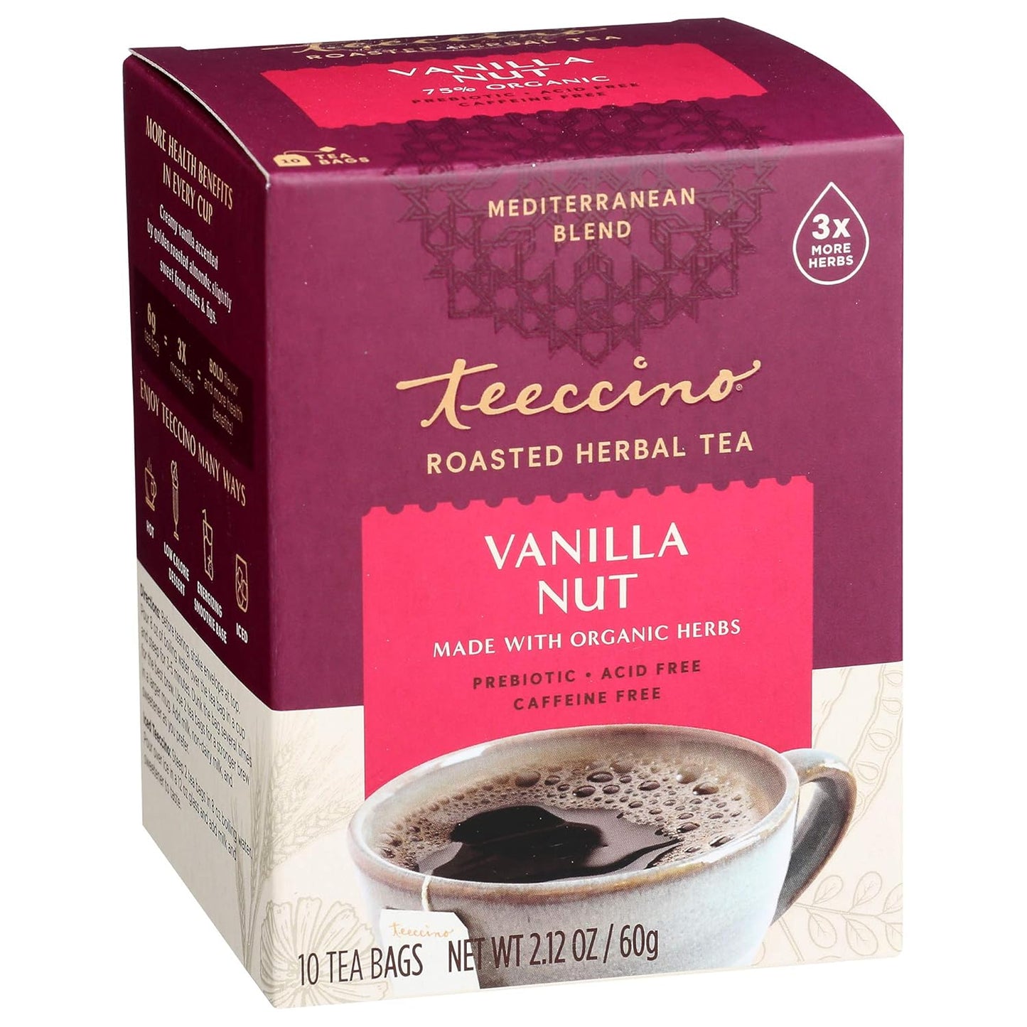 Teeccino Vanilla Nut Herbal Tea - Rich & Roasted Herbal Tea That’s Caffeine Free & Prebiotic for Natural Energy, 10 Tea Bags