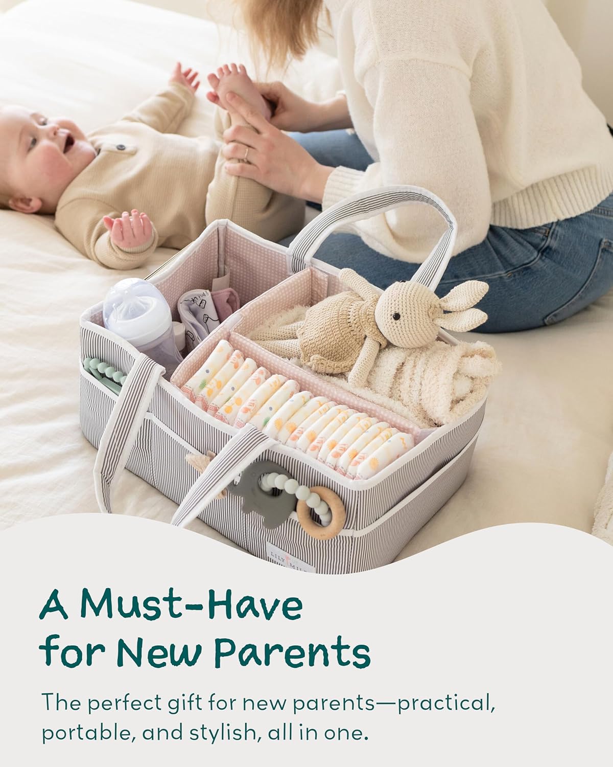 Lily Miles Baby Diaper Caddy Organizer, Girl Nursery Storage Basket with 8 Pockets, Baby Organizer and Storage, Easy-to-Clean Fabric, Large, Pink Blush