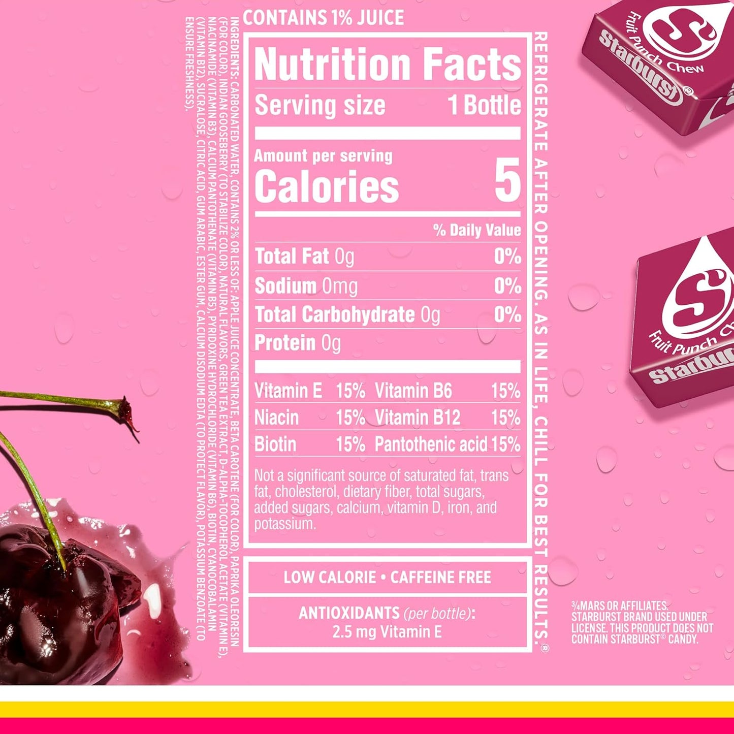 Sparkling Ice STARBURST Fruit Punch, Zero Sugar Flavored Sparkling Water, with Vitamins and Antioxidants, Low Calorie Beverage, 17 fl oz Bottles (Pack of 12)