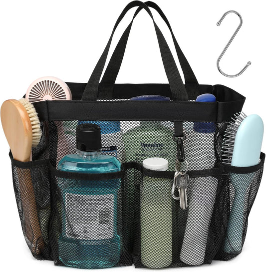 F-color Mesh Shower Caddy Portable, Upgrade Deeper 7 Pockets Shower Bag Basket Tote for College Dorm Room Toiletry Bathroom Essentials Gym Camp Quick Dry 2 handles with S Hook, Black